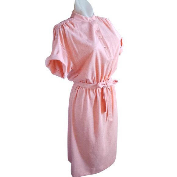 sz 10 Vintage Dress 80's Leslie Fay Salmon Pink Button-Up Belted Dress Stretch - Picture 3 of 6